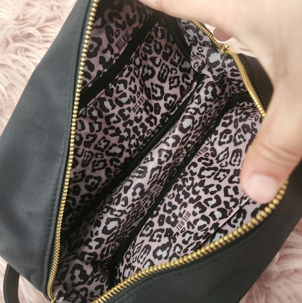 Milani makeup bag travel pouch black nylon gold embroidered